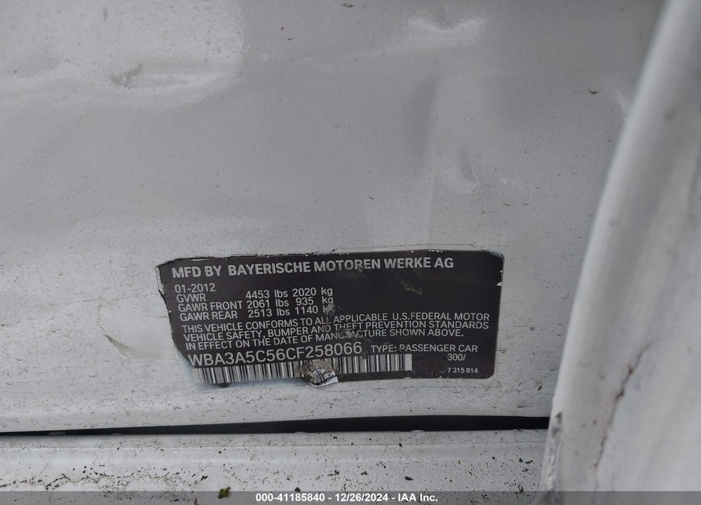 2012 BMW 328I VIN: WBA3A5C56CF258066