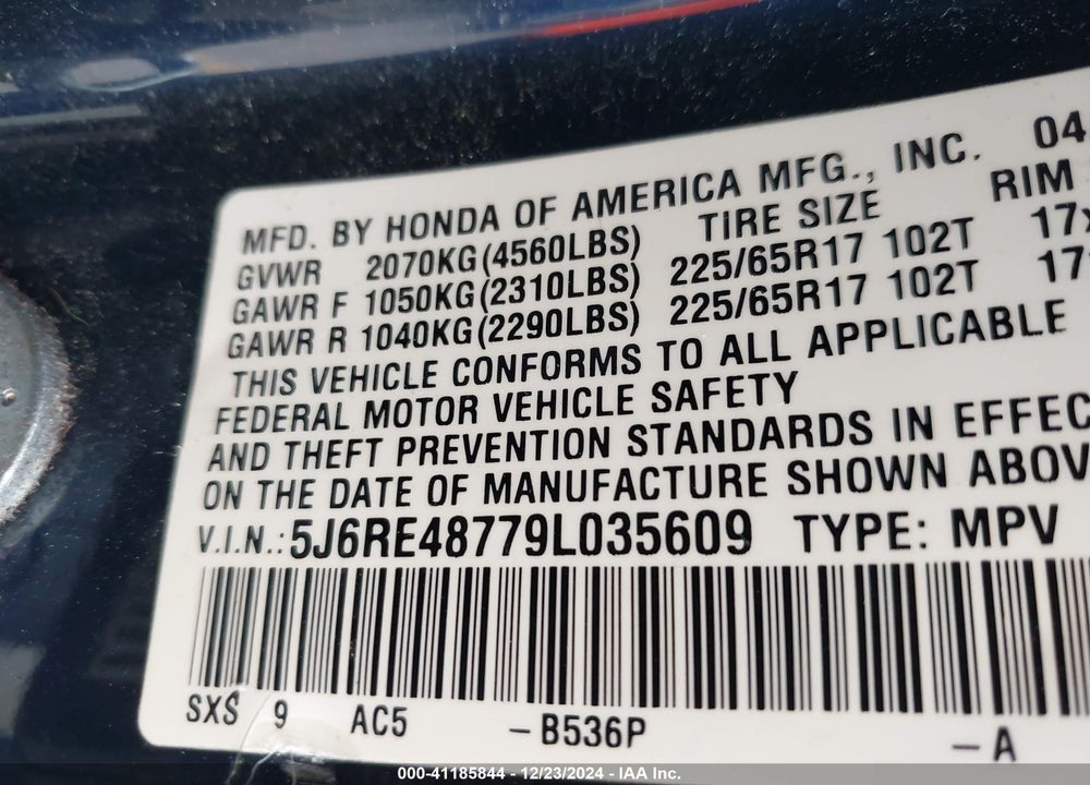 2009 HONDA CR-V EX-L VIN: 5J6RE48779L035609