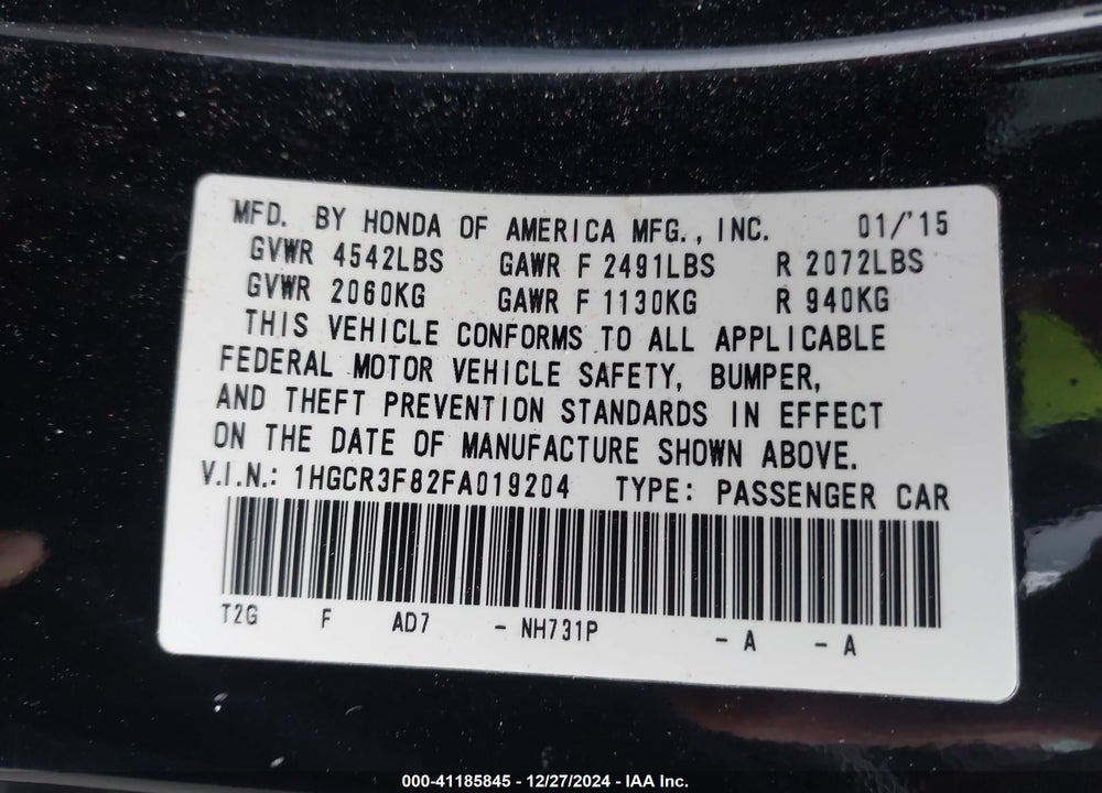 2015 HONDA ACCORD VIN: 1HGCR3F82FA019204