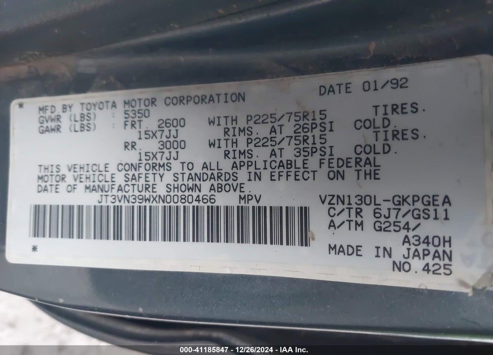 1992 TOYOTA 4RUNNER VN39 SR5 VIN: JT3VN39WXN0080466