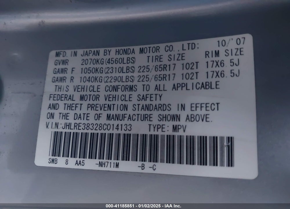 2008 HONDA CR-V LX VIN: JHLRE38328C014133
