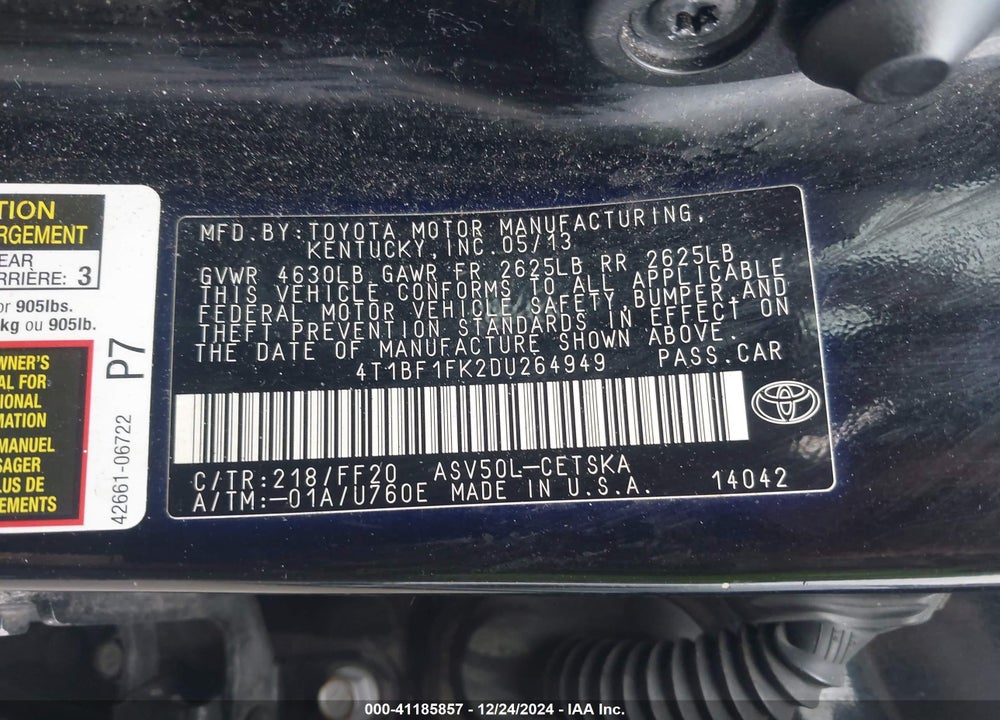 2013 TOYOTA CAMRY SE VIN: 4T1BF1FK2DU264949