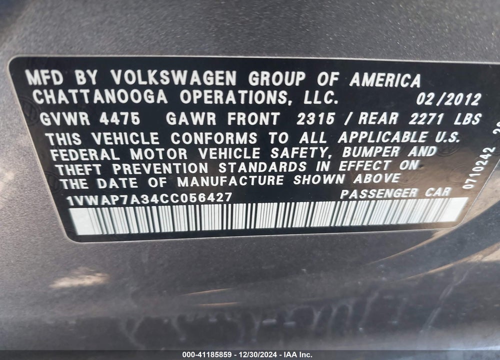 2012 VOLKSWAGEN PASSAT 2.5L S VIN: 1VWAP7A34CC056427