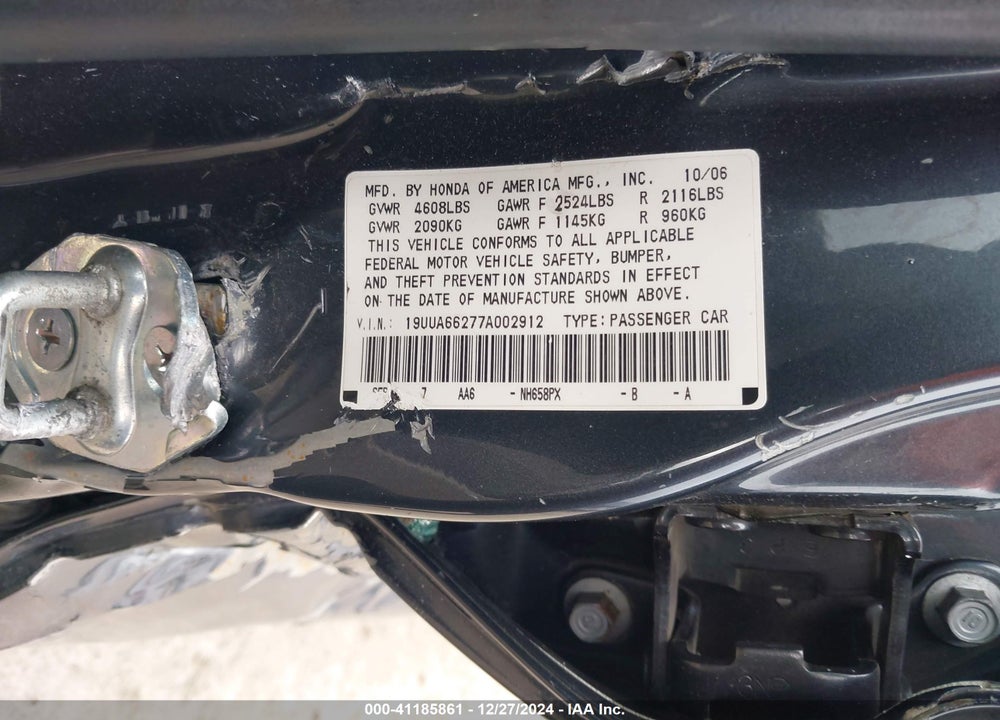 2007 ACURA TL 3.2 VIN: 19UUA66277A002912