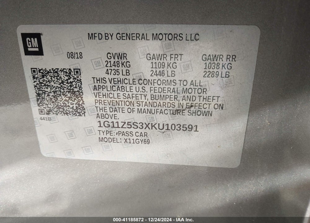 2019 CHEVROLET IMPALA VIN: 1G11Z5S3XKU103591
