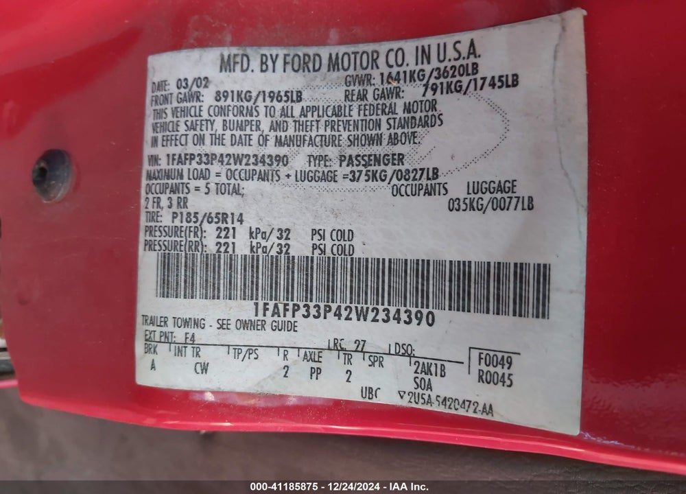 2002 FORD FOCUS LX VIN: 1FAFP33P42W234390