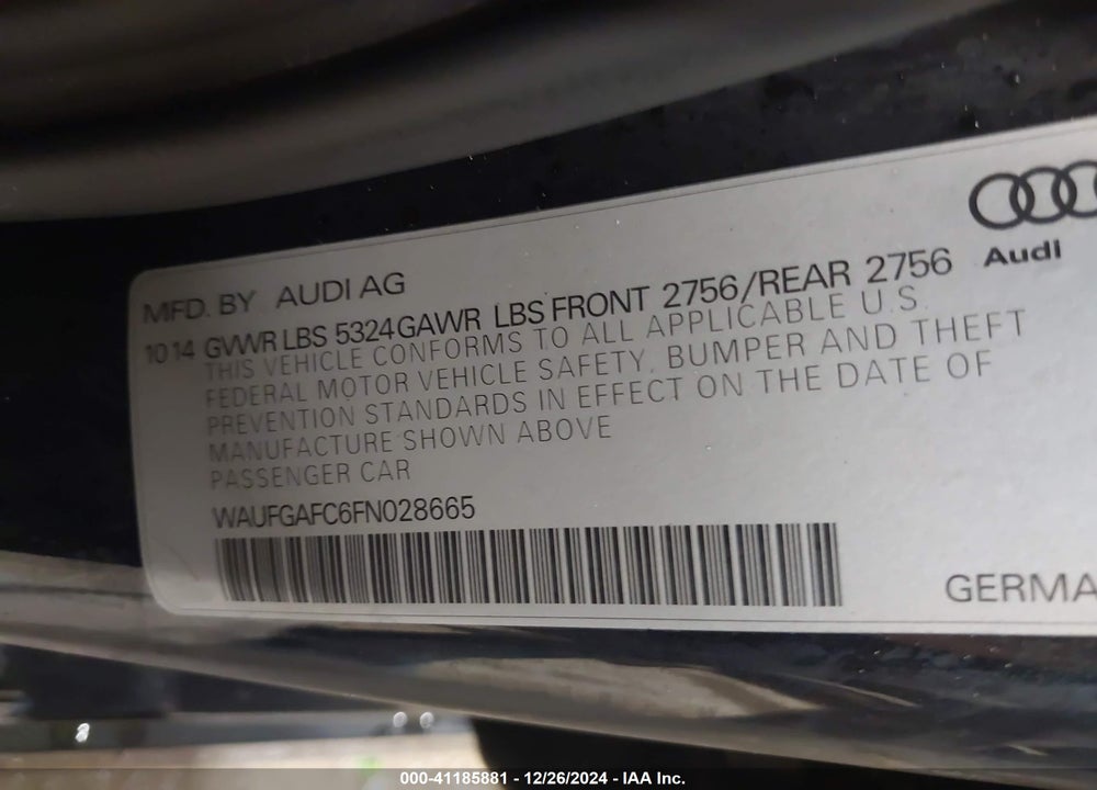 2015 AUDI A6 VIN: WAUFGAFC6FN028665
