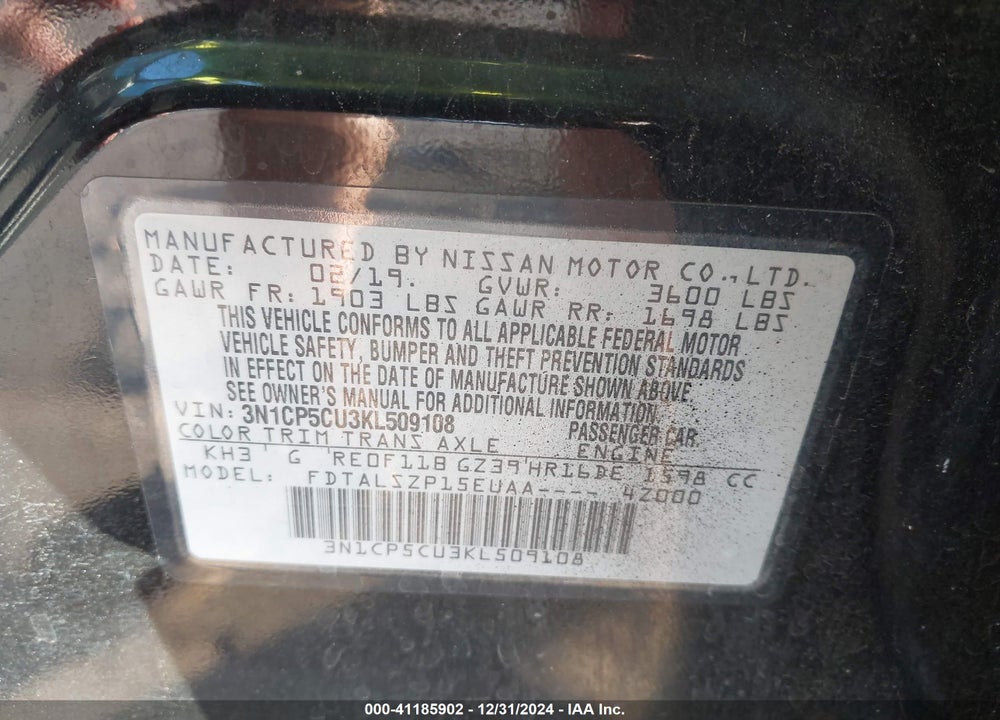 2019 NISSAN KICKS SV VIN: 3N1CP5CU3KL509108