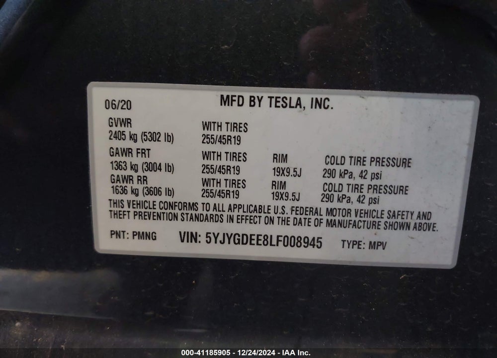 2020 TESLA MODEL Y LONG RANGE DUAL MOTOR ALL-WHEEL DRIVE VIN: 5YJYGDEE8LF008945