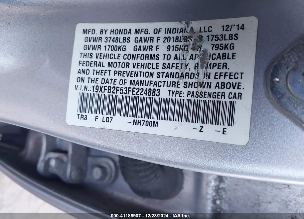2015 HONDA CIVIC LX VIN: 19XFB2F53FE224883