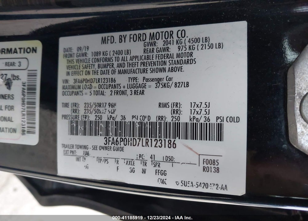 2020 FORD FUSION VIN: 3FA6P0HD7LR123186