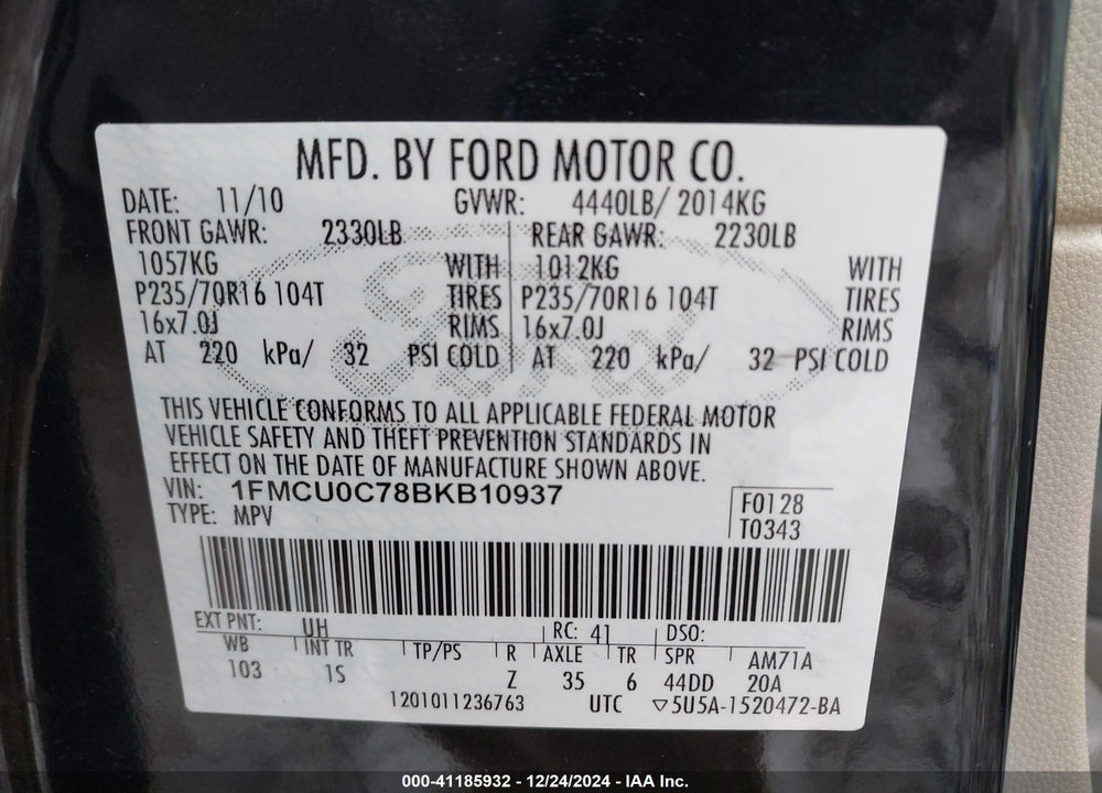 2011 FORD ESCAPE VIN: 1FMCU0C78BKB10937