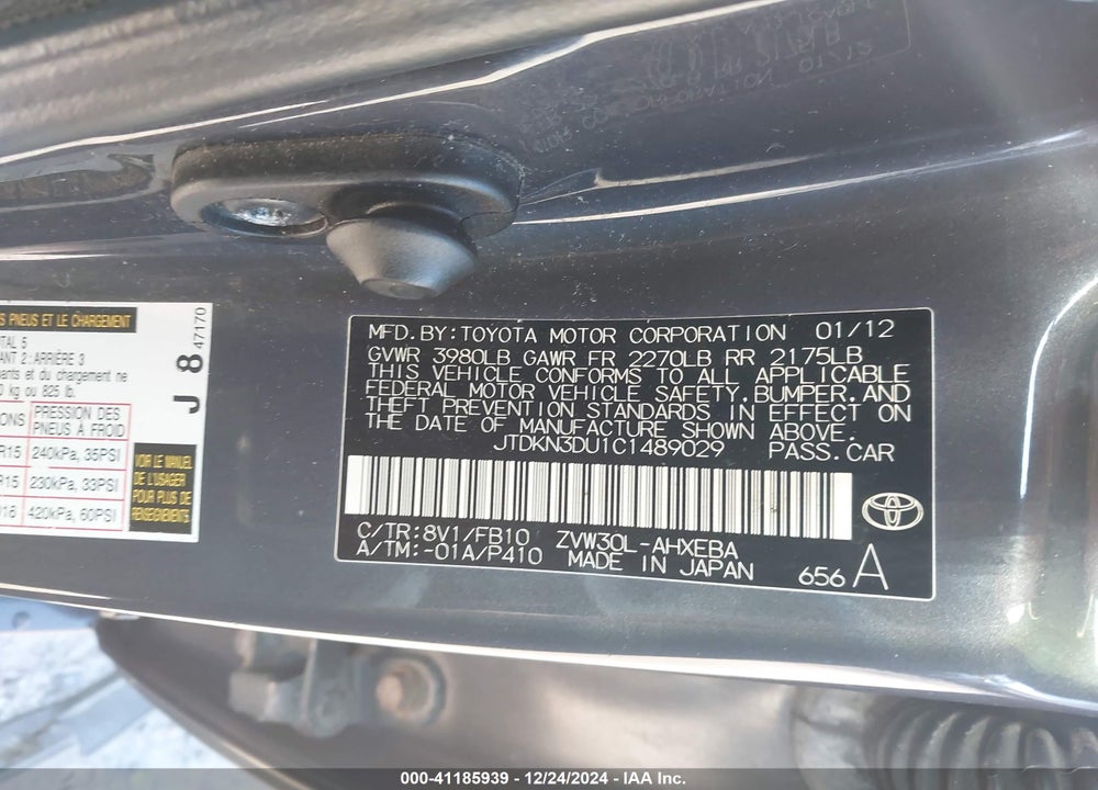 2012 TOYOTA PRIUS TWO VIN: JTDKN3DU1C1489029
