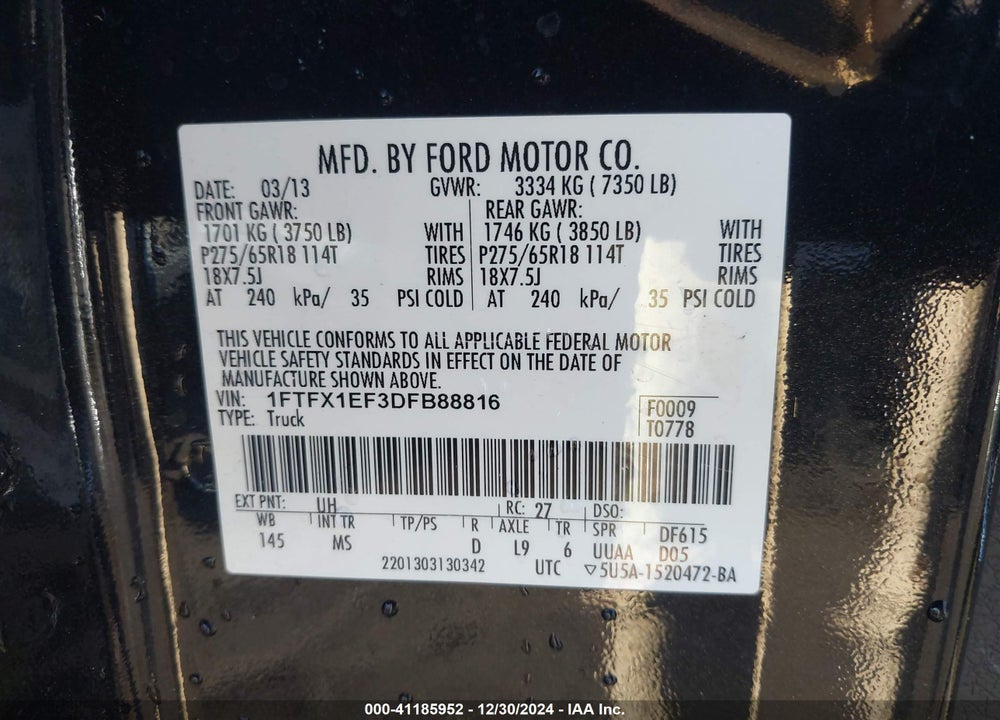 2013 FORD F-150 XLT VIN: 1FTFX1EF3DFB88816