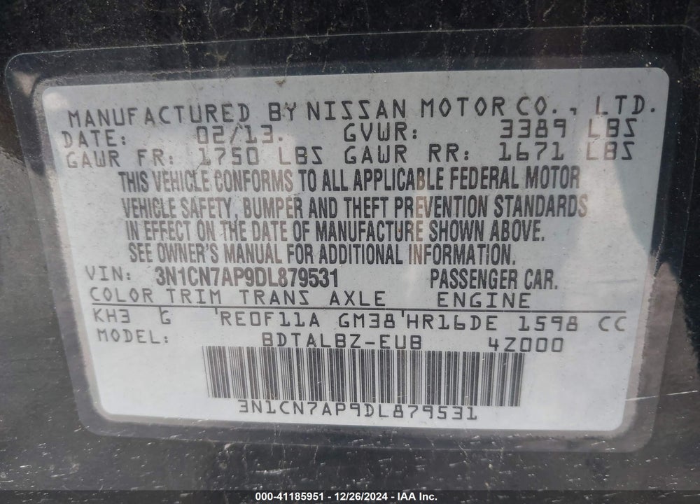 2013 NISSAN VERSA VIN: 3N1CN7AP9DL879531