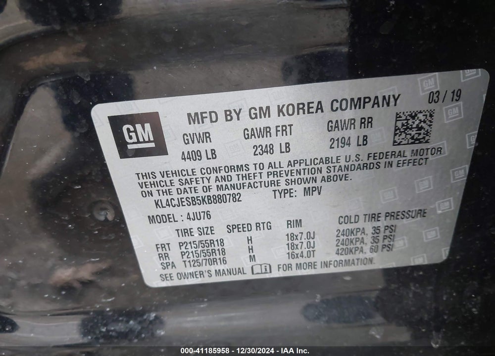 2019 BUICK ENCORE AWD PREFERRED VIN: KL4CJESB5KB880782
