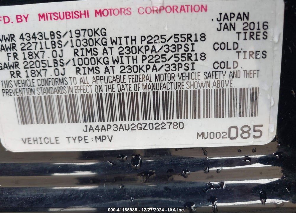 2016 MITSUBISHI OUTLANDER SPORT 2.0 ES VIN: JA4AP3AU2GZ022780
