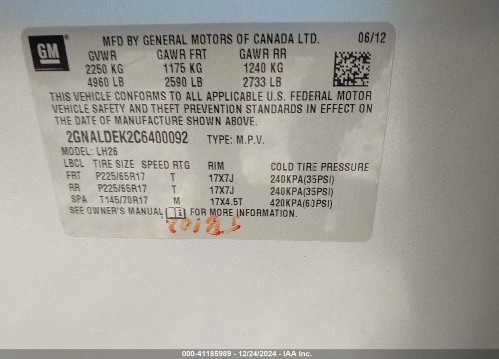 2012 CHEVROLET EQUINOX 1LT VIN: 2GNALDEK2C6400092