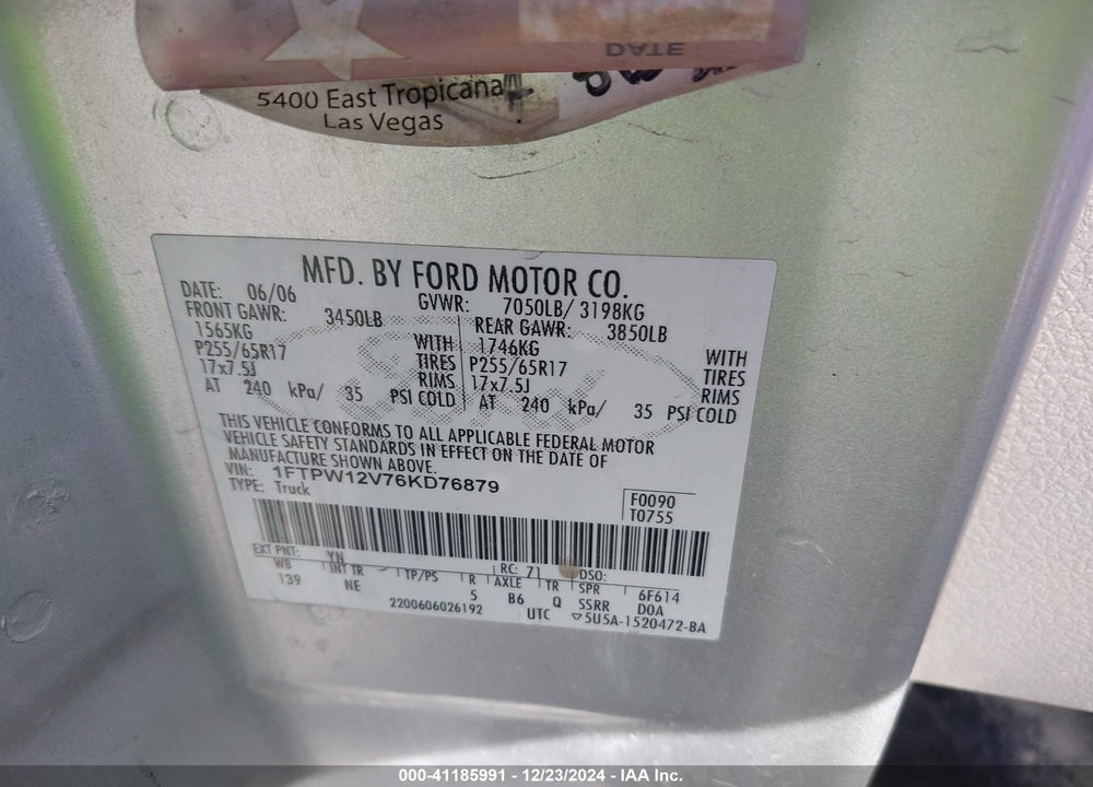 2006 FORD F-150 LARIAT/XLT VIN: 1FTPW12V76KD76879