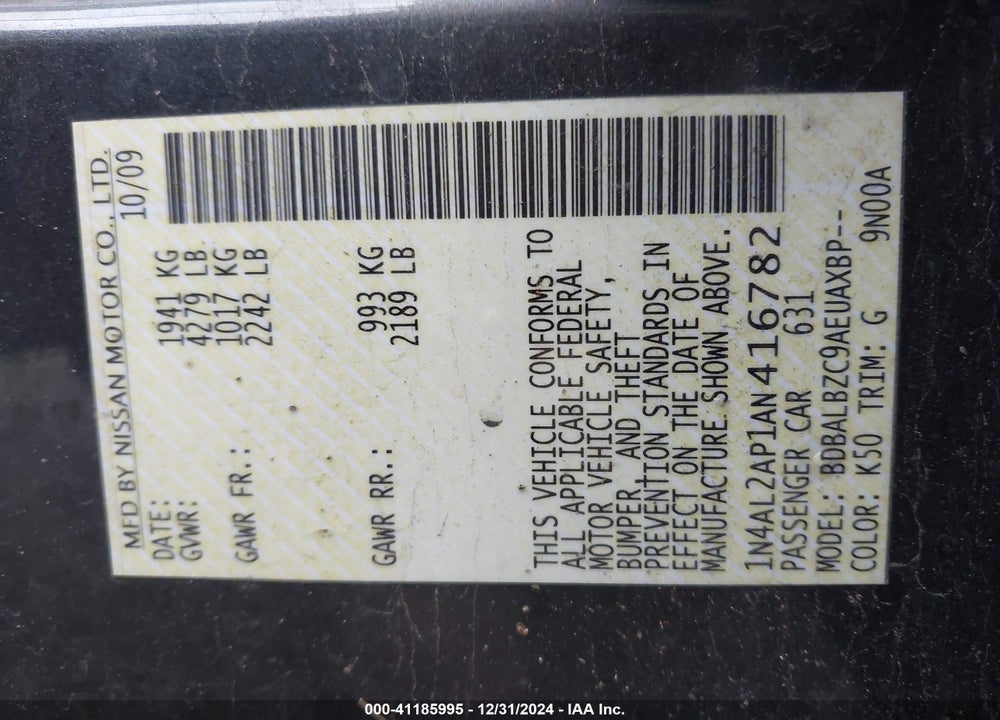 2010 NISSAN ALTIMA 2.5 SL VIN: 1N4AL2AP1AN416782