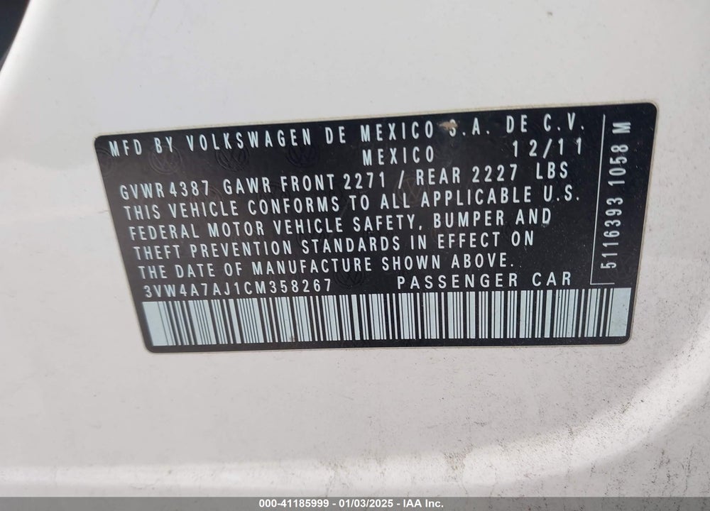 2012 VOLKSWAGEN JETTA GLI VIN: 3VW4A7AJ1CM358267