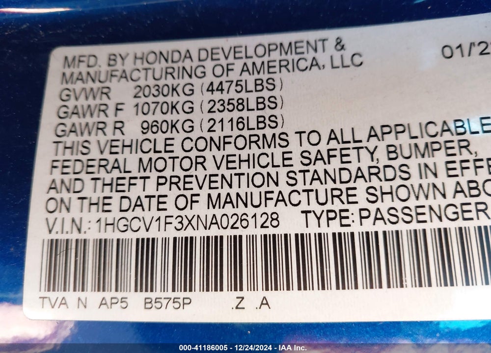 2022 HONDA ACCORD SPORT VIN: 1HGCV1F3XNA026128