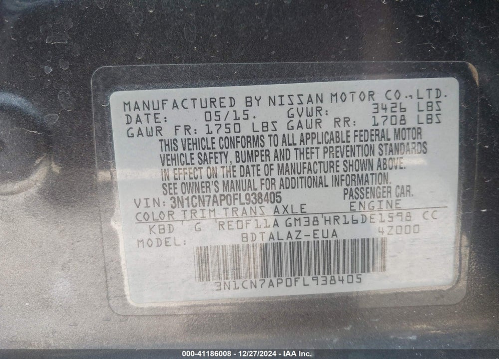 2015 NISSAN VERSA 1.6 S+ VIN: 3N1CN7AP0FL938405