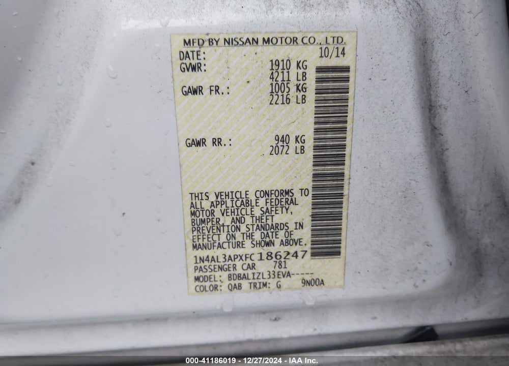 2015 NISSAN ALTIMA 2.5 SV VIN: 1N4AL3APXFC186247