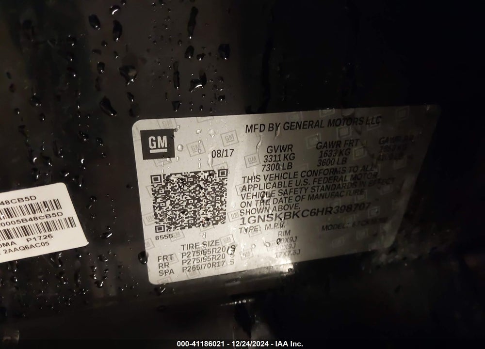2017 CHEVROLET TAHOE LT VIN: 1GNSKBKC6HR398707