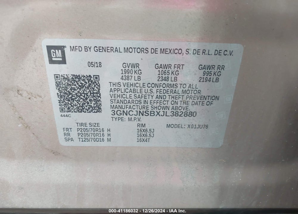 2018 CHEVROLET TRAX LS VIN: 3GNCJNSBXJL382880