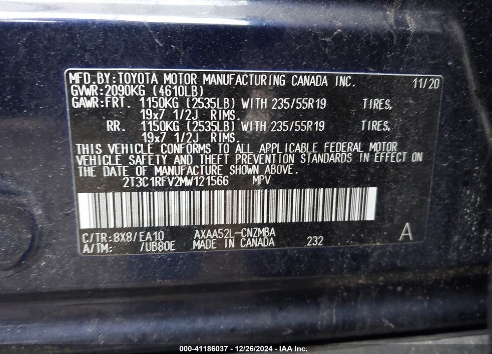 2021 TOYOTA RAV4 XLE PREMIUM VIN: 2T3C1RFV2MW121566