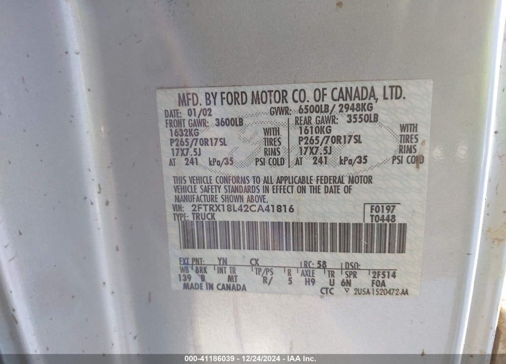 2002 FORD F-150 LARIAT/XL/XLT VIN: 2FTRX18L42CA41816