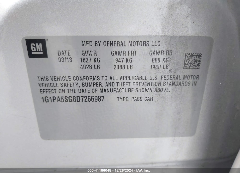 2013 CHEVROLET CRUZE LS AUTO VIN: 1G1PA5SG8D7266987
