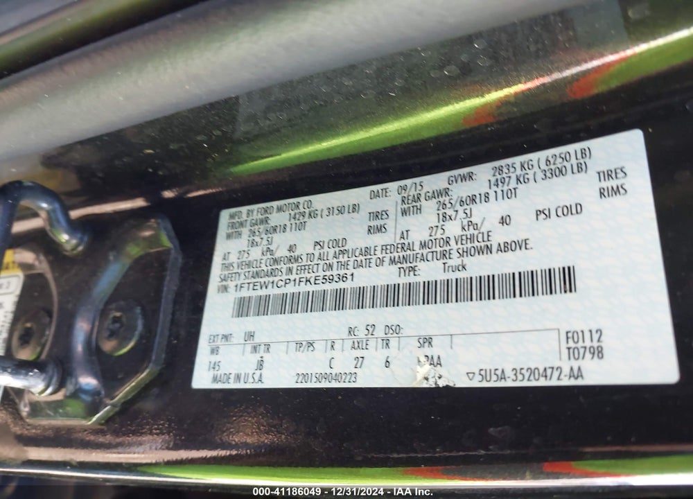 2015 FORD F-150 VIN: 1FTEW1CP1FKE59361