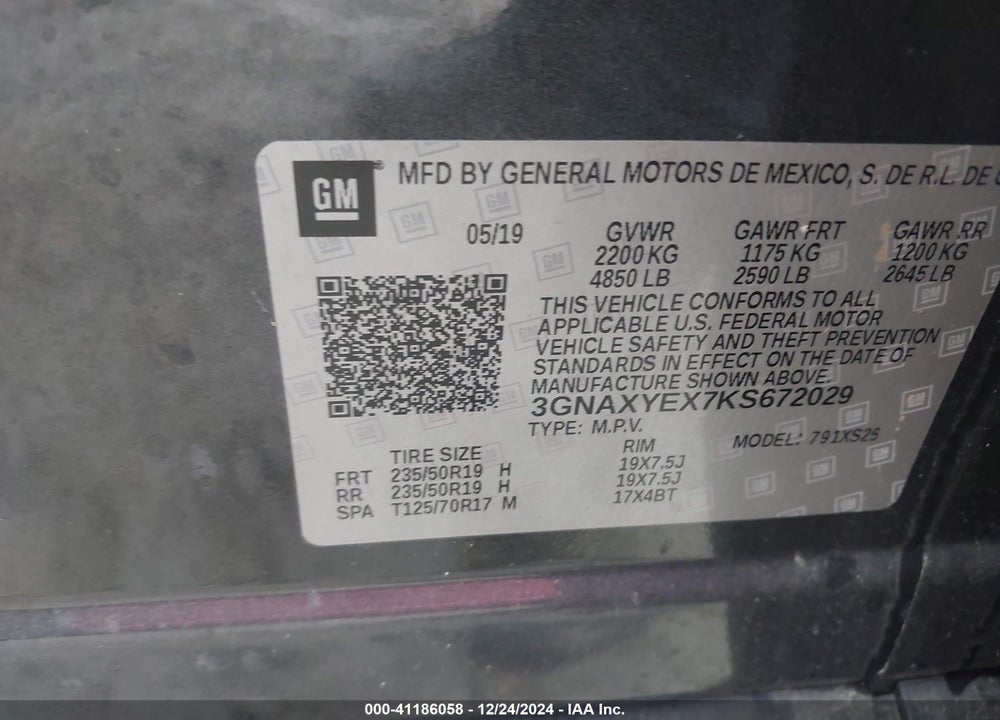 2019 CHEVROLET EQUINOX VIN: 3GNAXYEX7KS672029