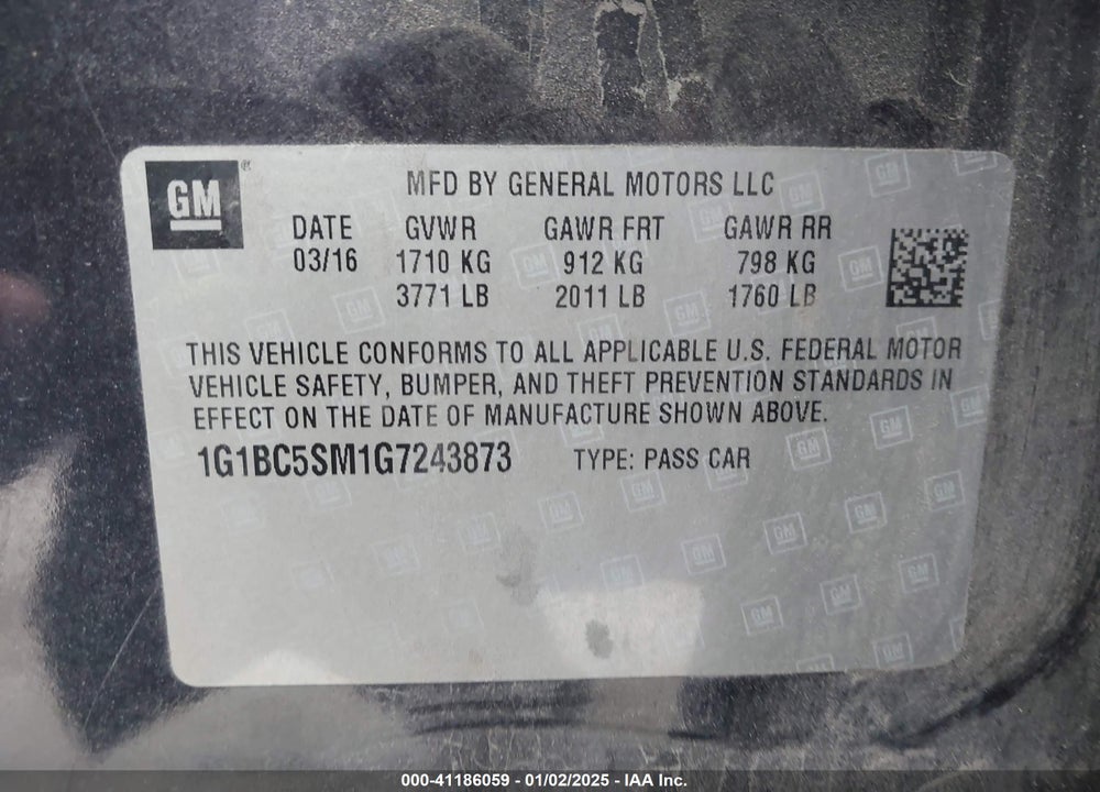 2016 CHEVROLET CRUZE LS AUTO VIN: 1G1BC5SM1G7243873