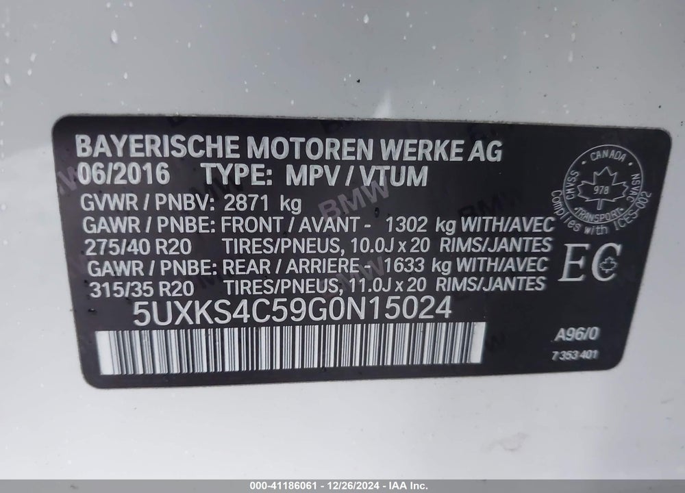 2016 BMW X5 XDRIVE35D VIN: 5UXKS4C59G0N15024