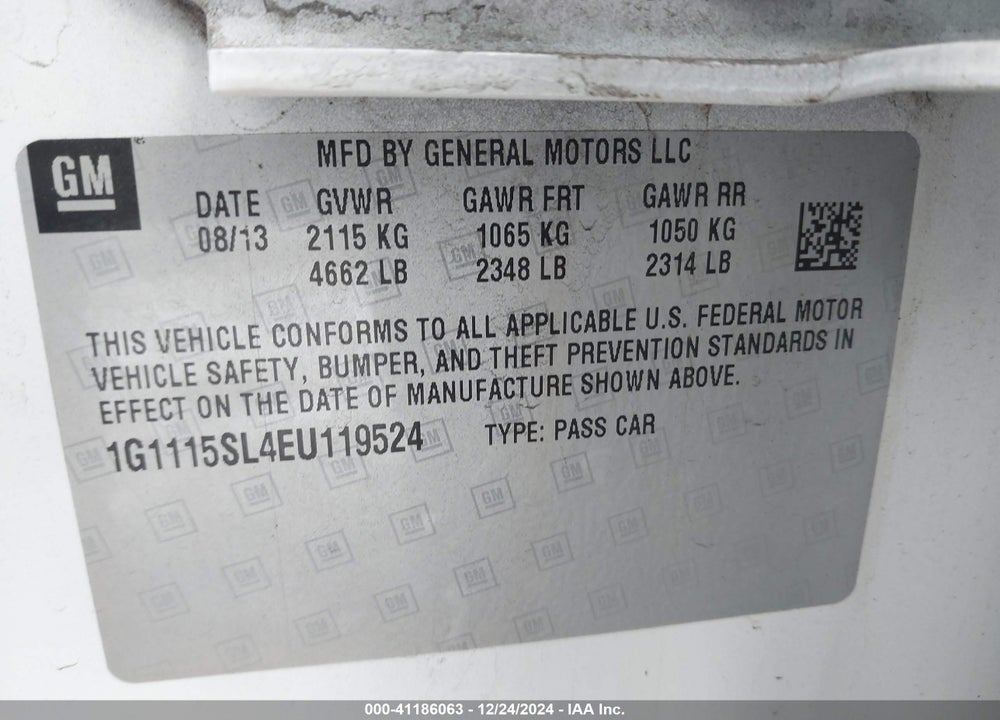 2014 CHEVROLET IMPALA VIN: 1G1115SL4EU119524