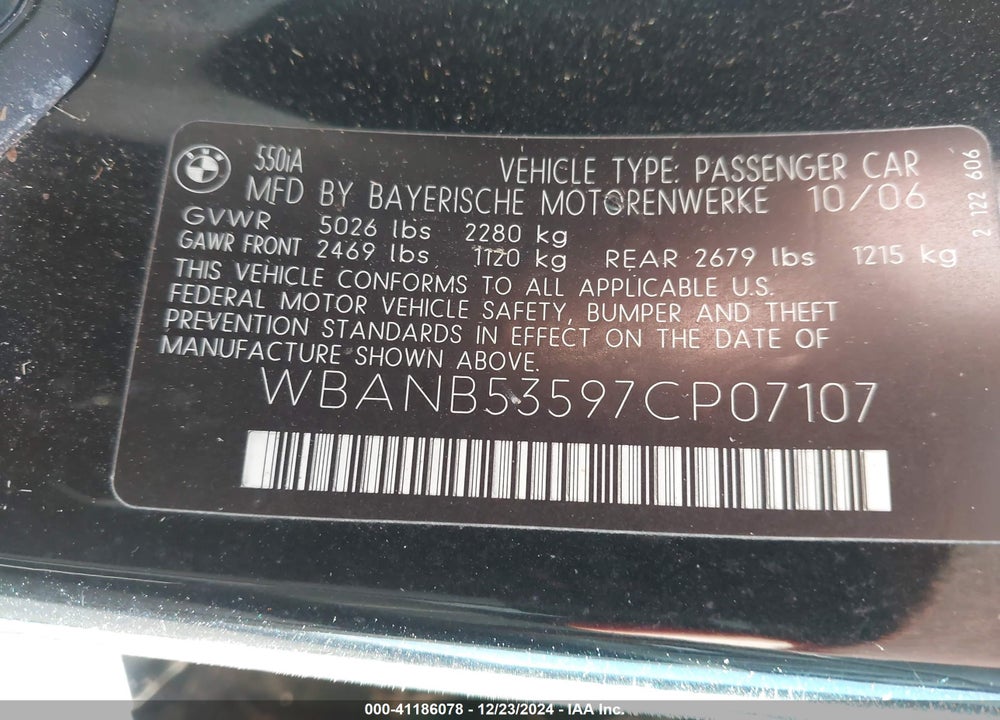 2007 BMW 550I VIN: WBANB53597CP07107
