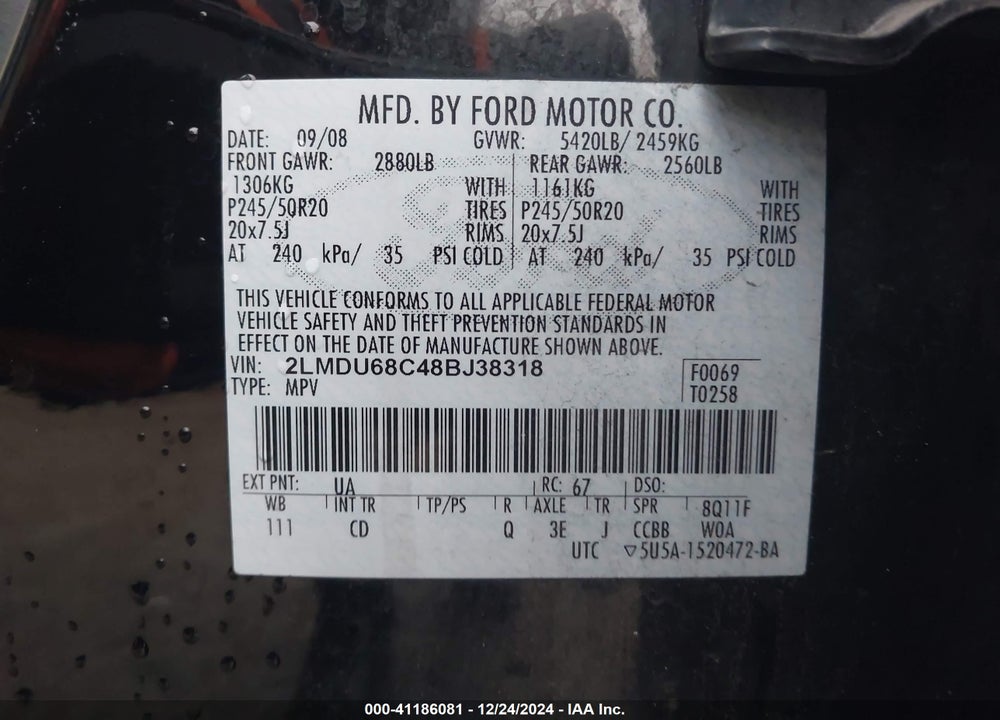 2008 LINCOLN MKX VIN: 2LMDU68C48BJ38318