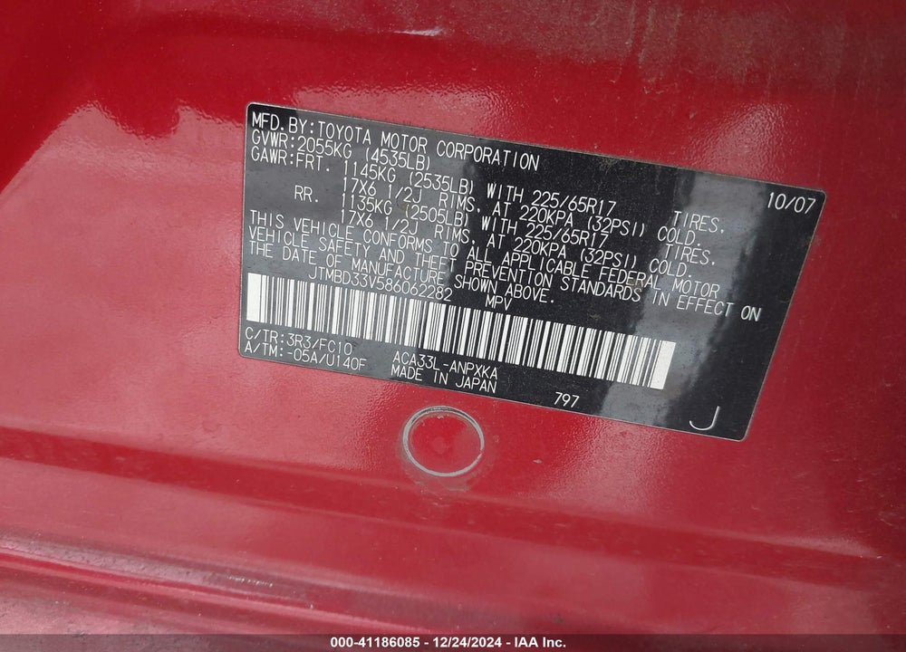 2008 TOYOTA RAV4 VIN: JTMBD33V586062282