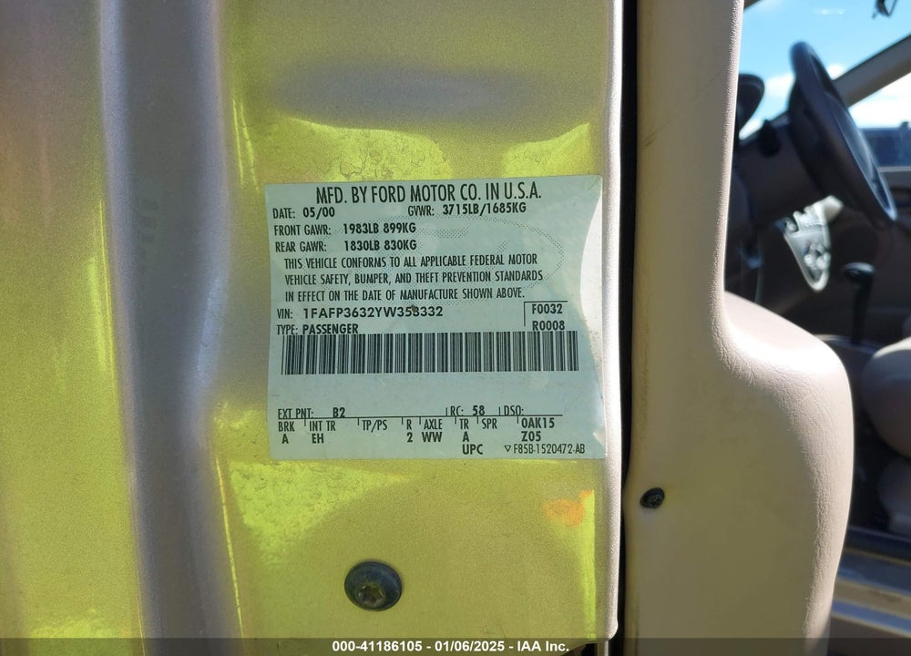 2000 FORD FOCUS SE VIN: 1FAFP3632YW353332