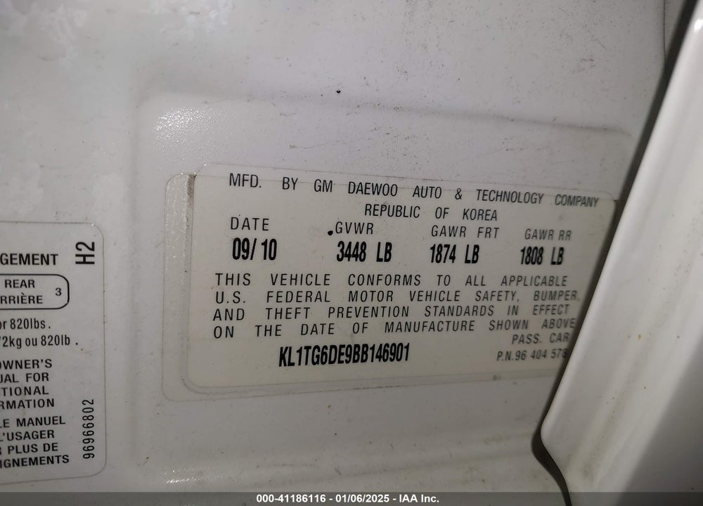 2011 CHEVROLET AVEO 2LT VIN: KL1TG6DE9BB146901