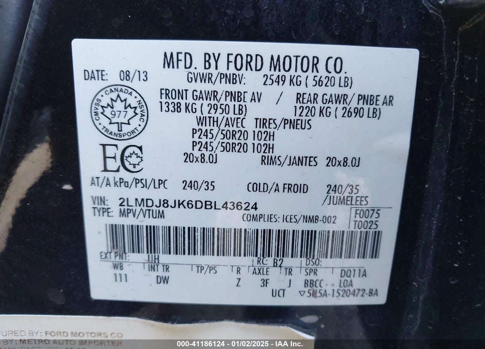 2013 LINCOLN MKX VIN: 2LMDJ8JK6DBL43624