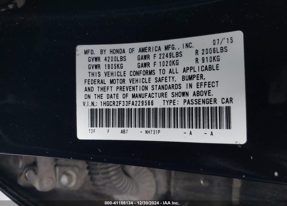 2015 HONDA ACCORD LX VIN: 1HGCR2F33FA229566