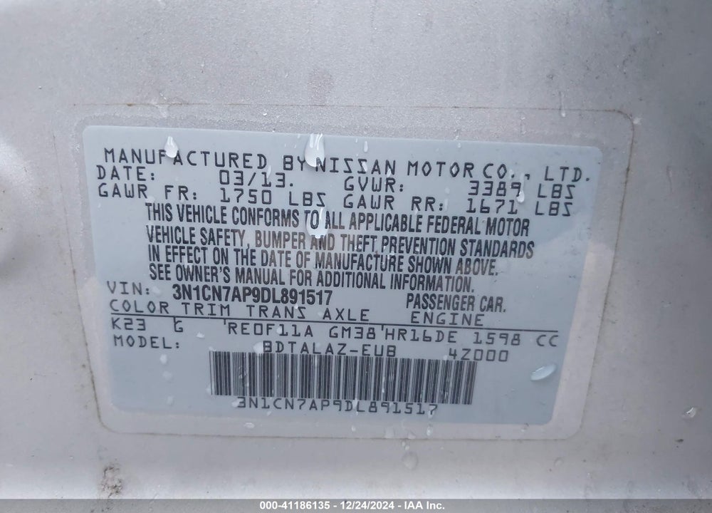 2013 NISSAN VERSA 1.6 S+ VIN: 3N1CN7AP9DL891517