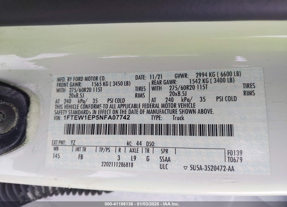 2022 FORD F-150 VIN: 1FTEW1EP5NFA07742