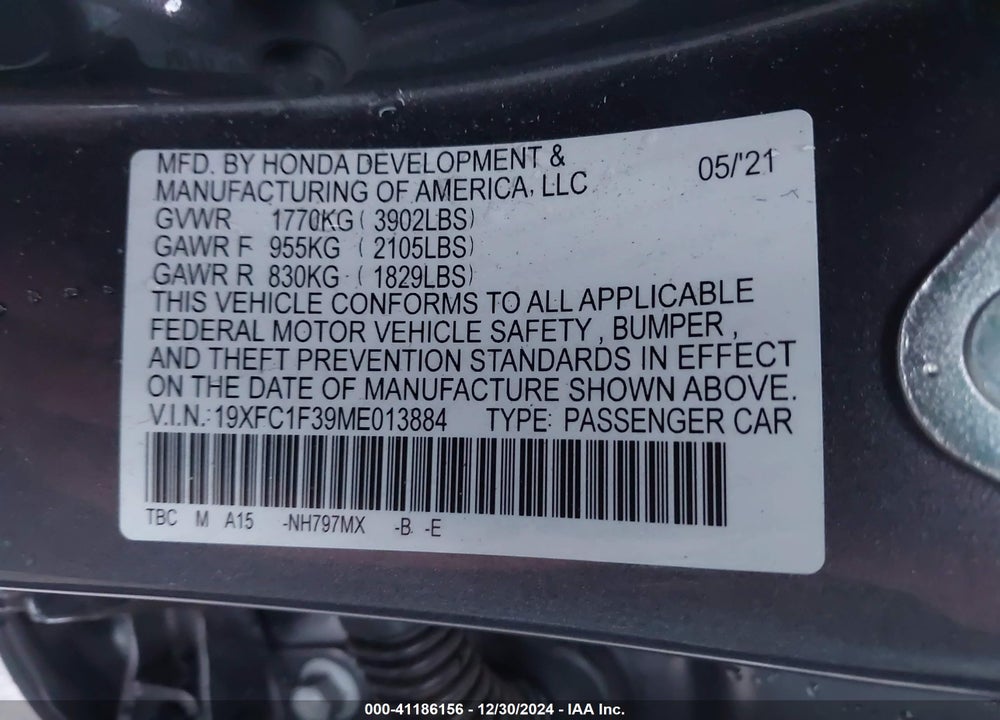 2021 HONDA CIVIC EX VIN: 19XFC1F39ME013884