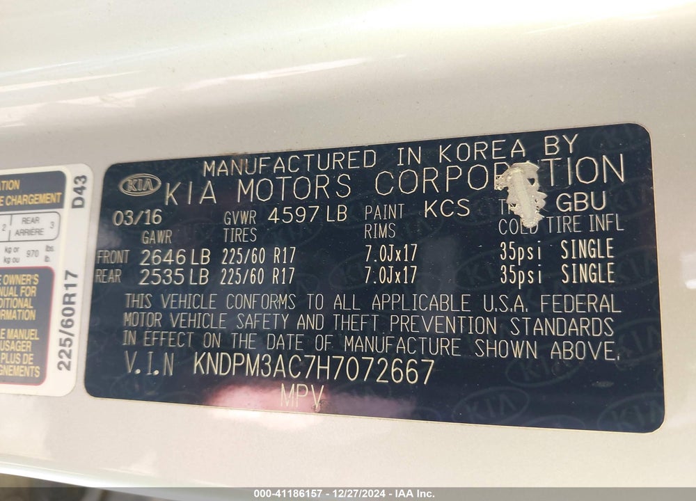 2017 KIA SPORTAGE LX VIN: KNDPM3AC7H7072667