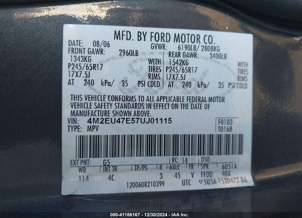 2007 MERCURY MOUNTAINEER VIN: 4M2EU47E57UJ01115